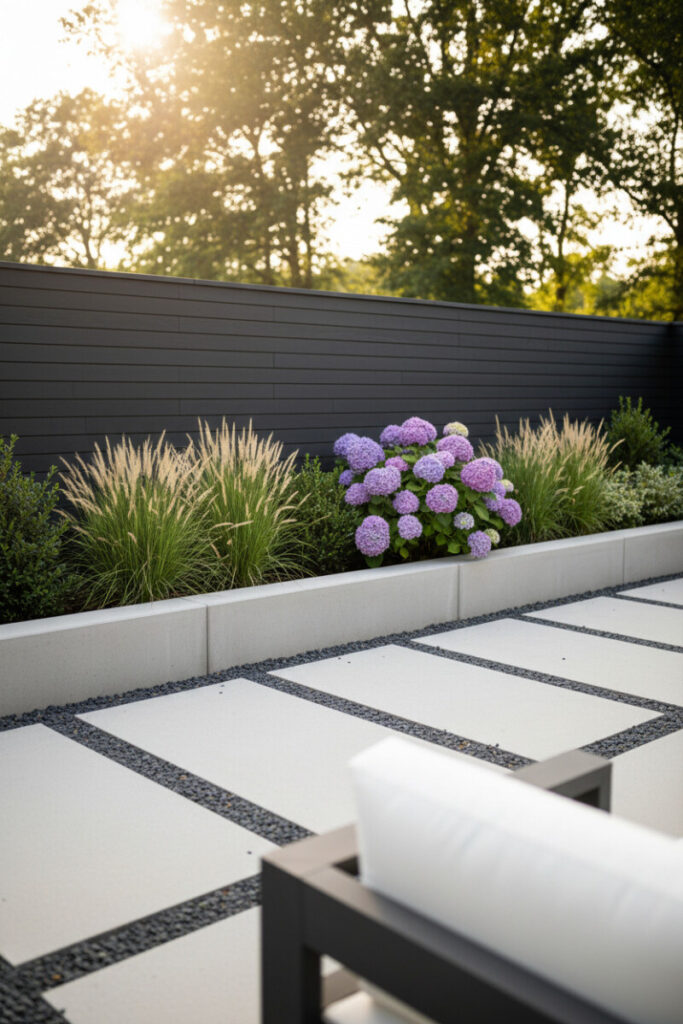 Dark gray composite horizontal fence with raised curb, hydrangeas, and paver path—sleek Horizontal Fence Ideas for minimalist patios.