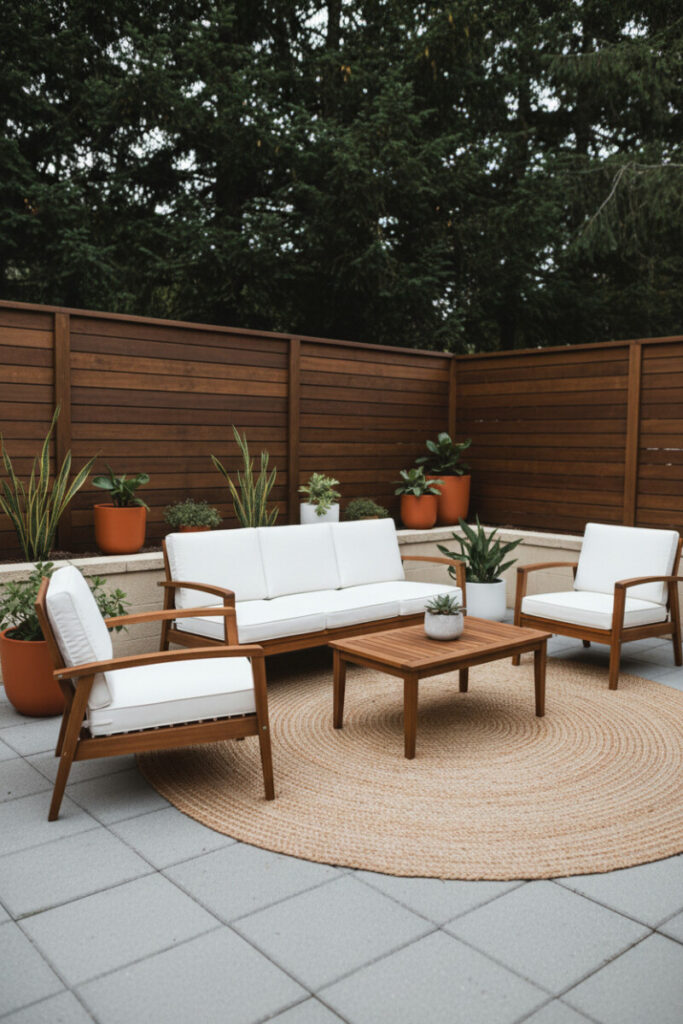 Dark walnut horizontal boards behind teak lounge set, stucco planter, and jute rug—luxurious privacy fence design.
