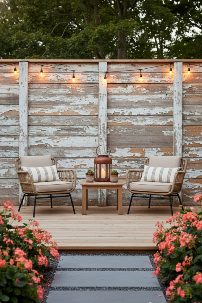 Contemporary patio with horizontal wood privacy fence, cozy seating, and soft ambient lighting for relaxed evenings.