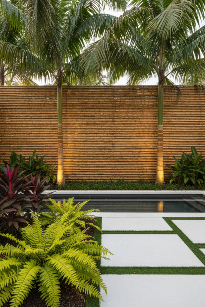 Horizontal bamboo paneling framing a reflecting pool with palms and bold tropical foliage—horizontal fence ideas for small yards with a resort feel.