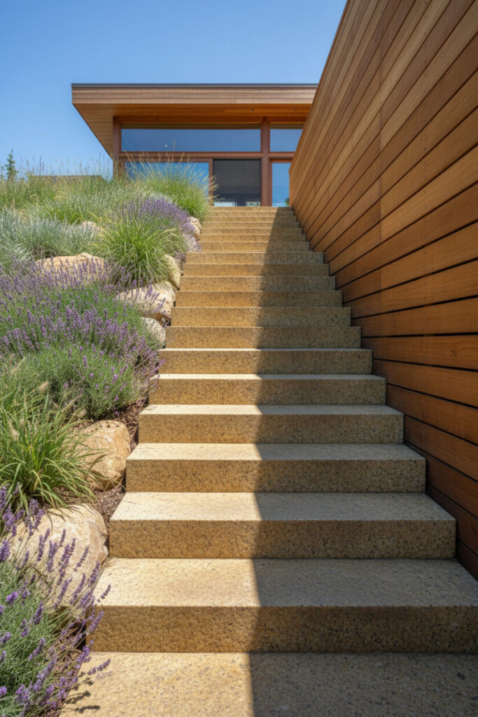 Stepped horizontal cedar fence tracking a steep slope beside floating limestone stairs and lavender—terrain-smart privacy fence design.
