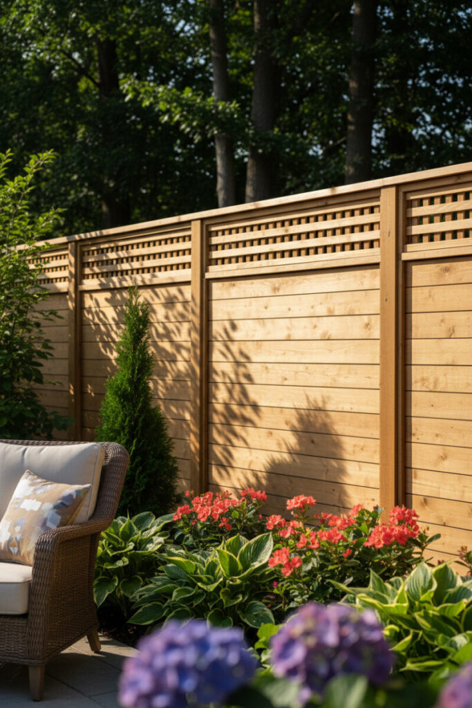 Natural cedar horizontal fence topped with lattice, dramatic sun shadows, and lush mixed plantings—classic Horizontal Fence Ideas.