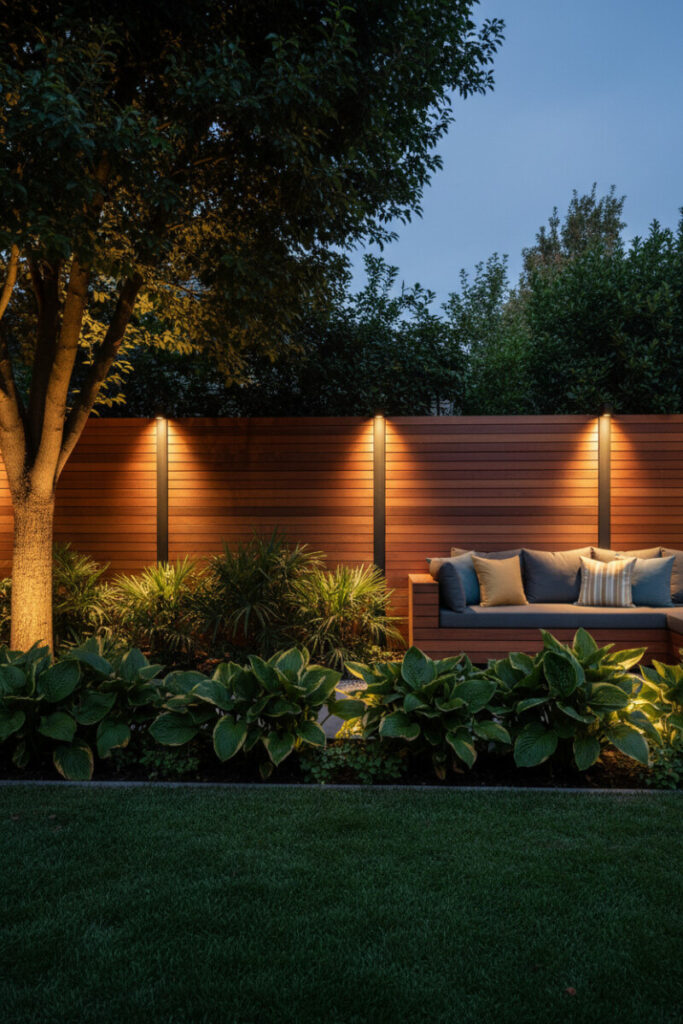 Warm hardwood horizontal fence with integrated vertical LED strips glowing at blue hour; bench and tropical border complete modern backyard fencing.