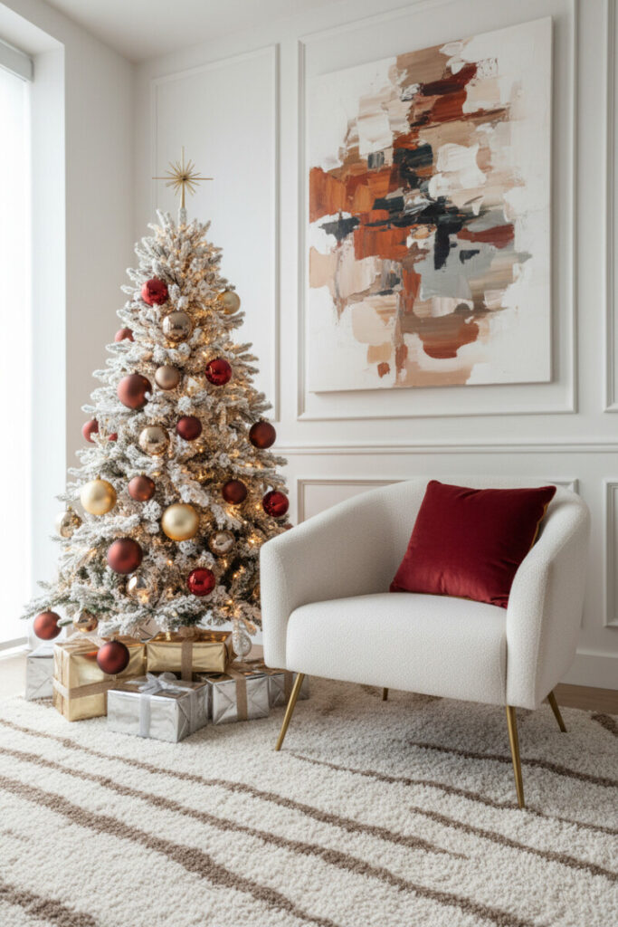 Abstract living room with boucle armchair, cranberry velvet cushion, and flocked tree in matte red, gold, and bronze—Modern Christmas Decorations set against white wainscoting.