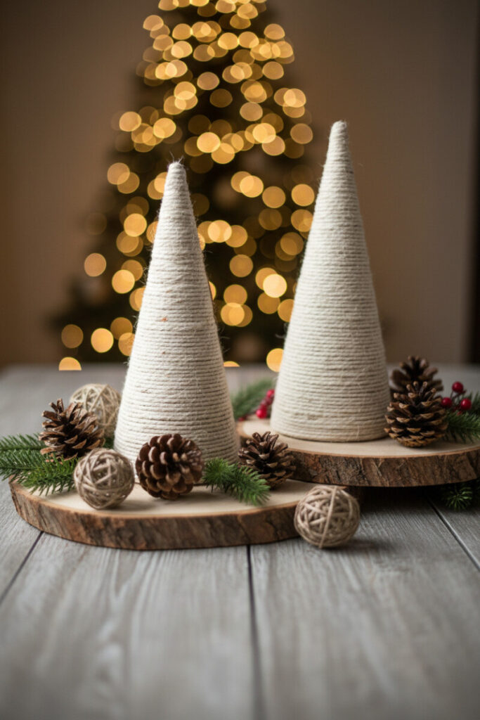 Two jute-wrapped cone trees surrounded by pinecones and twine balls on live-edge wood—eco-friendly modern holiday decorations for a hygge tablescape.