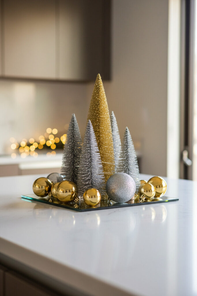 Mirrored tray with silver tinsel trees, gold baubles, and glitter sphere on white quartz island—glistening contemporary holiday decor.