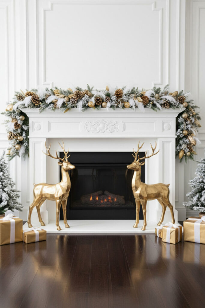 Ornate white mantel with polished gold deer, frosted garland, and glittered cones—Modern Christmas Decorations with luxe symmetry.