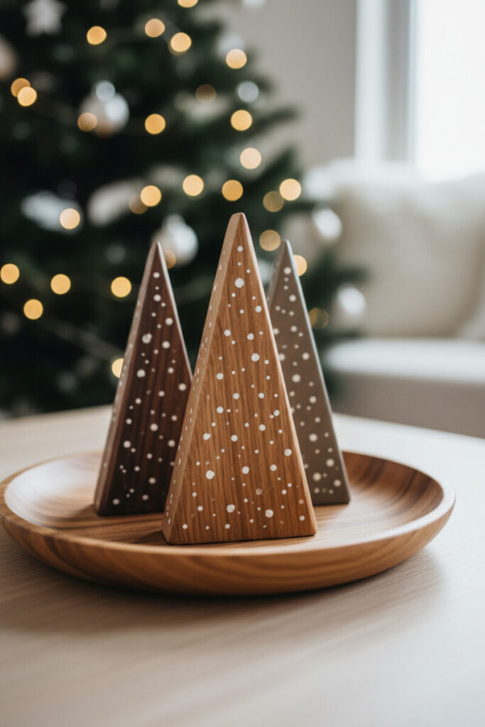 Three handcrafted wooden tree sculptures on an oiled oak platter with warm bokeh—scandinavian modern Christmas ideas emphasizing natural texture.