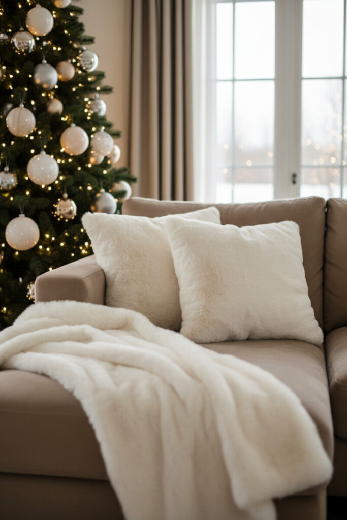Lounge corner with ivory faux-fur pillows, shag throw, and emerald tree decked in silver, white, and champagne—Modern Christmas Decorations for luxe comfort.