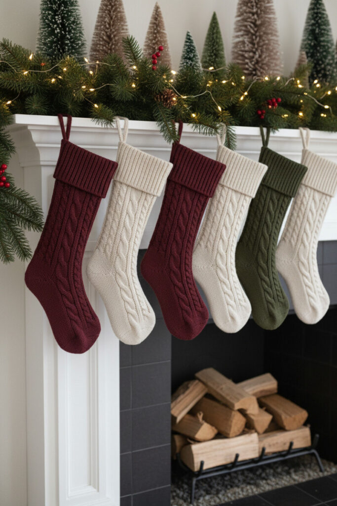 Mantel lined with alternating burgundy, cream cable-knit, and olive stockings, pine garland, and micro LEDs—minimalist Christmas style with rich texture.