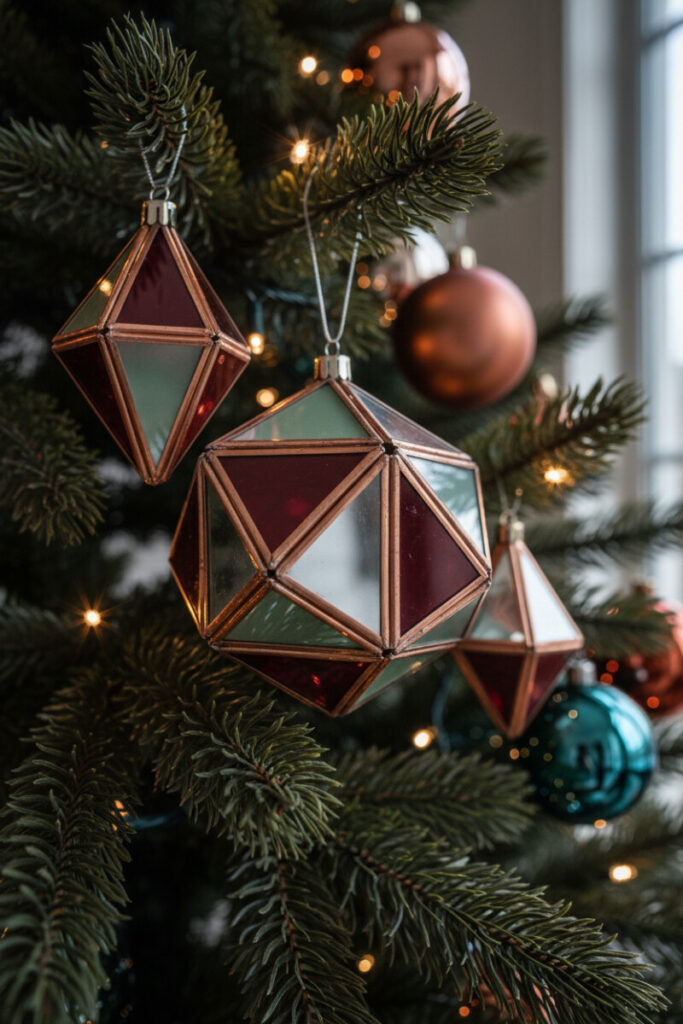 Macro of geometric copper and silver polyhedron ornaments with mirrored inserts, glowing LEDs, and deep green needles—Modern Christmas Decorations with architectural edge.