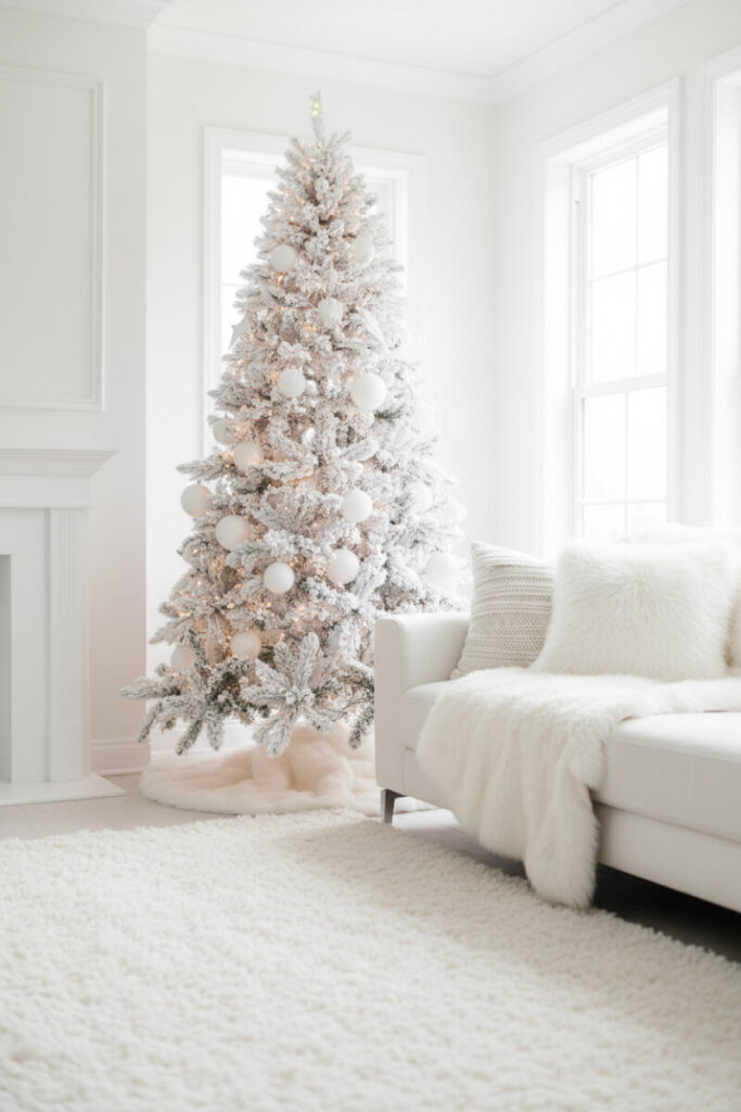 Monochrome All-White Wonderland with flocked tree, matte white ornaments, faux fur throws, and cloudlike sheepskin rug—minimalist Christmas style.