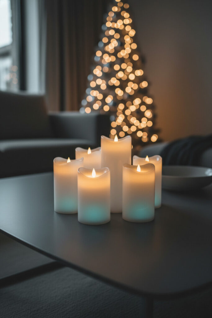 Frosted cylindrical LED pillar candles on a dark coffee table with orb-lit tree bokeh—Modern Christmas Decorations delivering a futuristic glow.