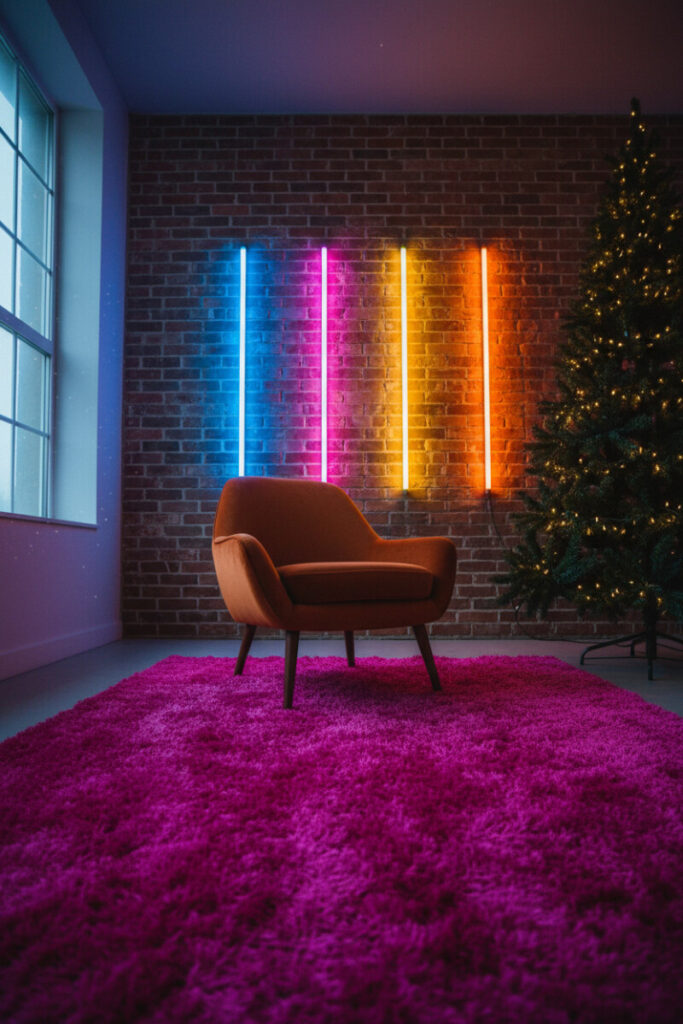 Mid-century chair on magenta shag rug before neon tubes and an unadorned tree—Modern Christmas Decorations meet retro color drama.