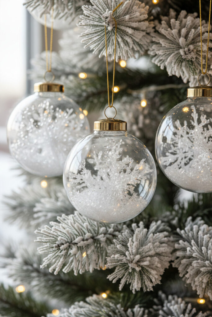 Macro of clear handblown glass ornaments filled with faux snow on a flocked branch with warm LEDs—minimalist Christmas style with refined sparkle.