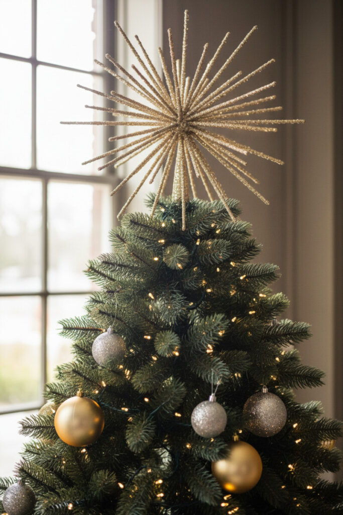 Champagne-gold starburst tree topper above slate-green foliage with pale gold and silver ornaments—Modern Christmas Decorations focusing on sculptural shine.