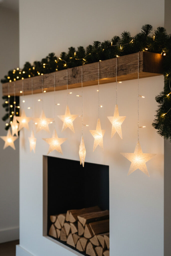 Rough-hewn wood mantel draped in pine with hanging star-shaped lights above neatly stacked firewood—contemporary holiday decor that transitions to New Year.