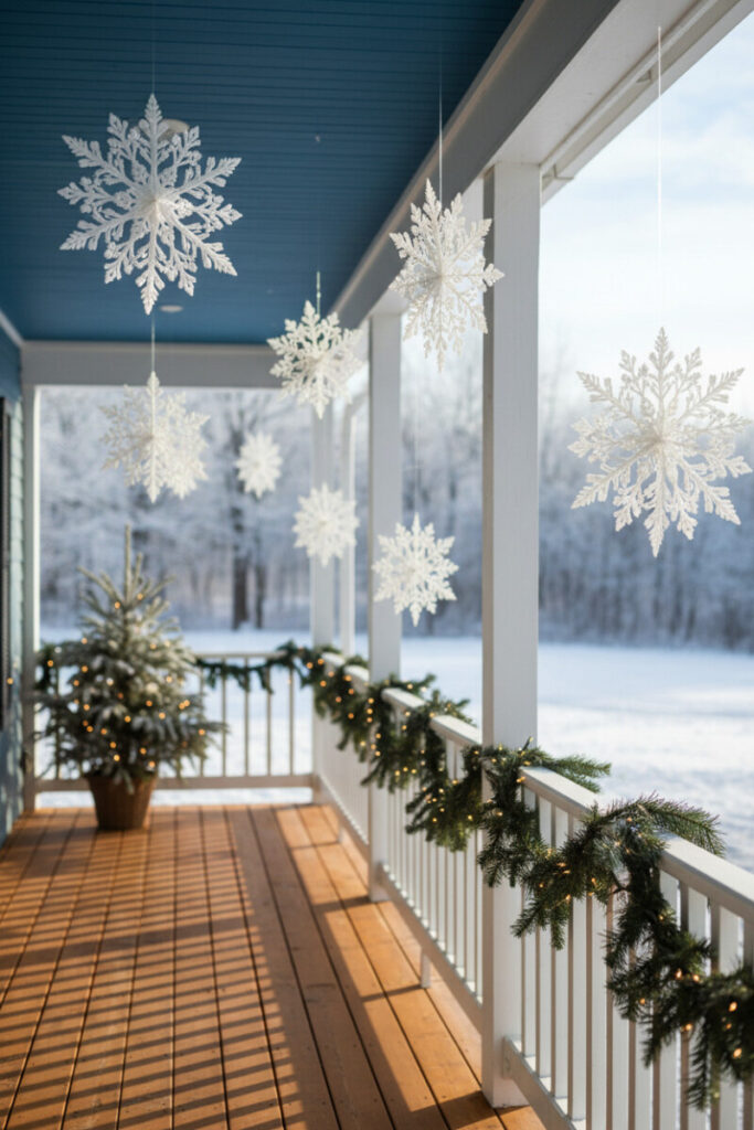 Peaceful porch with white railings, deep blue ceiling, oversized white snowflake hangings, and subtle garlands—whimsical minimalist Christmas style outdoors.