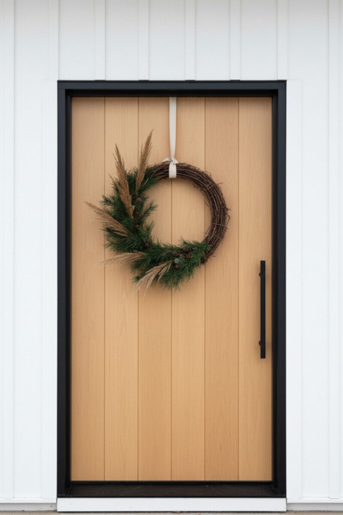 Minimal front door featuring light ash planks, matte black hardware, and an asymmetric willow wreath—contemporary holiday decor in a Scandinavian spirit.