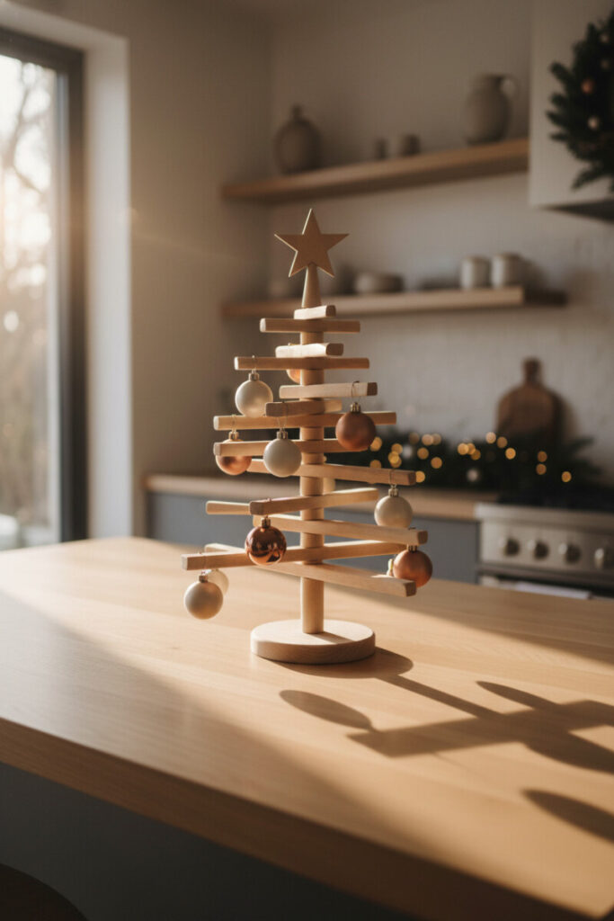 Spiral-slatted wooden tree with neutral ornaments and carved star on a light tabletop—eco-friendly modern holiday decorations that double as year-round sculpture.