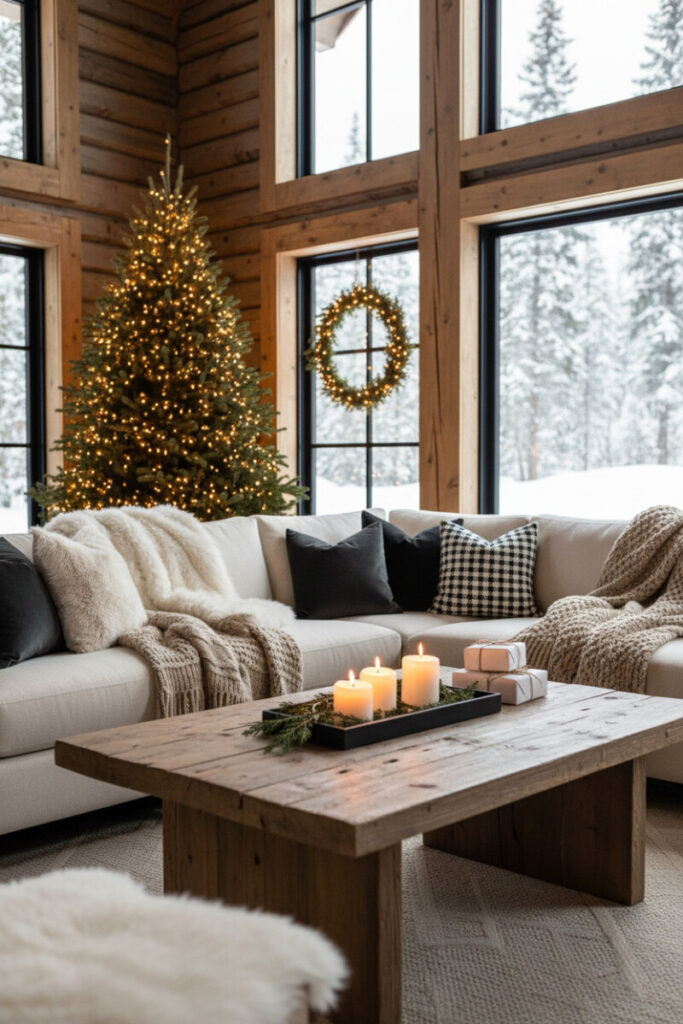 Cozy cabin-modern lounge with cream sectional, chunky knits, reclaimed wood coffee table, candles, and minimally lit tree—Modern Christmas Decorations for a warm retreat.