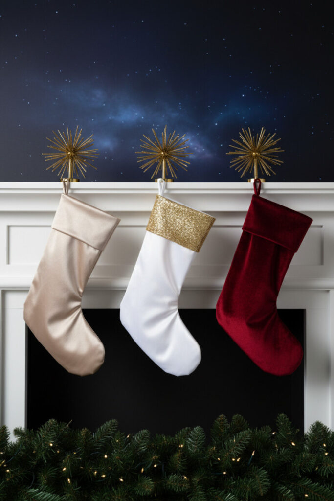 White mantel with brass starburst holders and luxe stockings over a midnight indigo backdrop—celestial contemporary holiday decor.