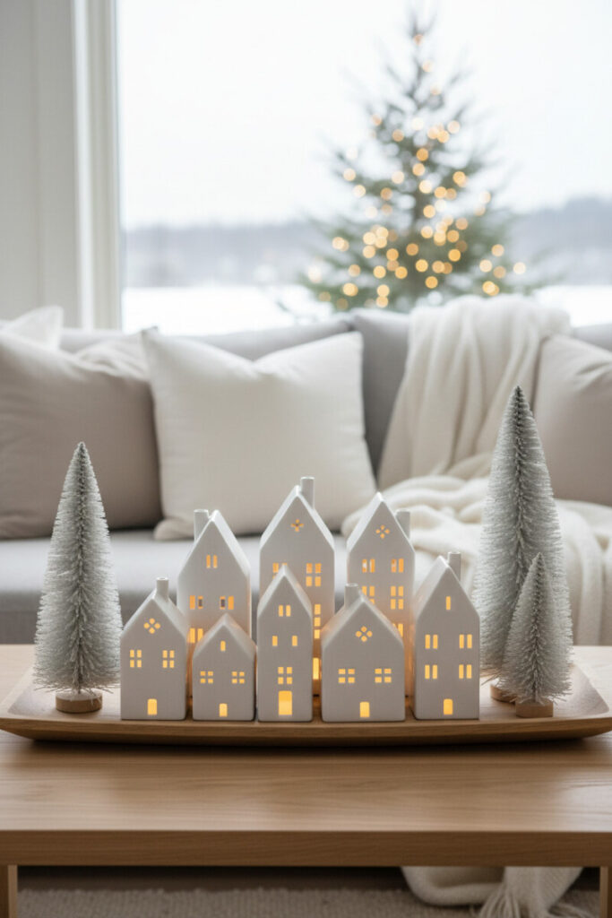Matte porcelain house luminaries on a blonde oak tray with frosted bottle-brush trees, glowing softly—scandinavian modern Christmas ideas.