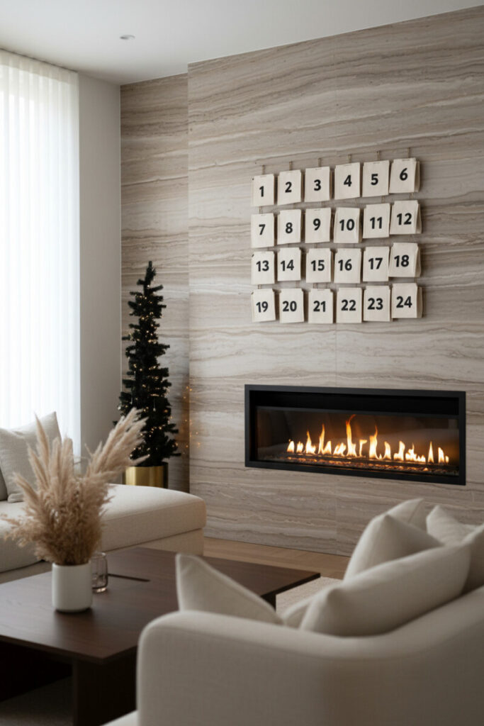 Marble-clad fireplace with canvas-pocket Advent calendar, slim black tree in brass planter, and pampas grass—minimalist Christmas style.