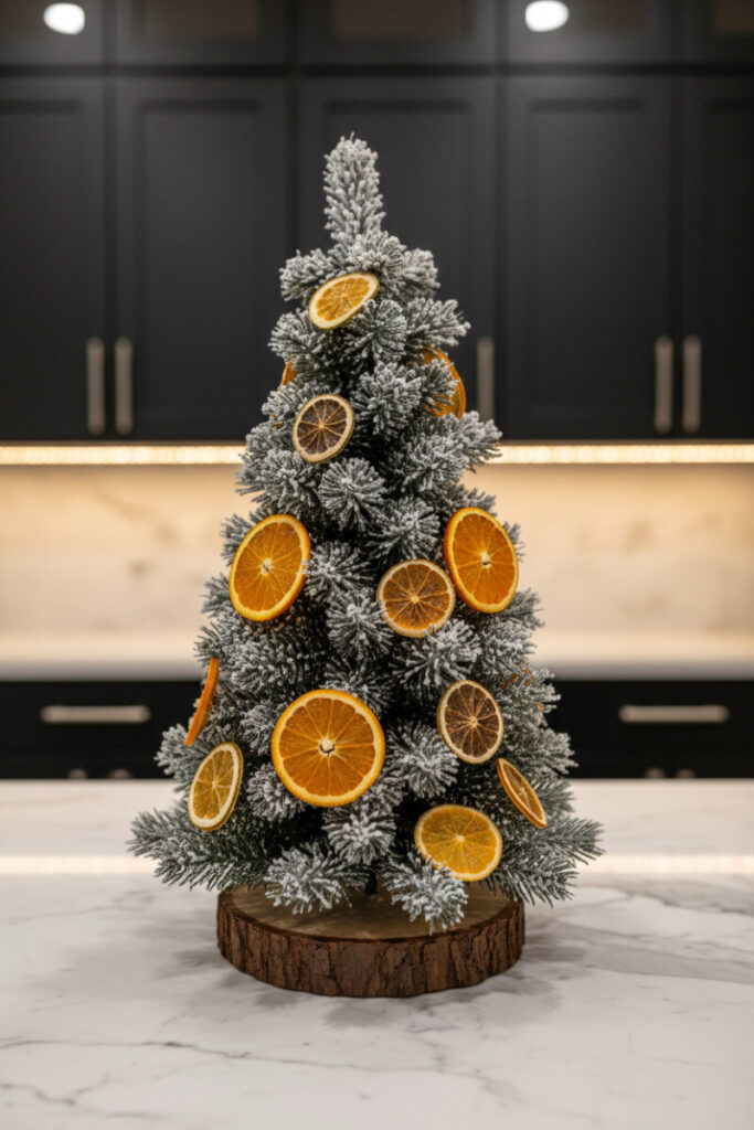 Mini flocked citrus tree on white marble with fresh orange slice ornaments and rustic wood base—eco-friendly modern holiday decorations.