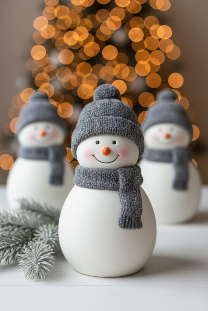 Trio of matte ceramic snowmen with felt hats and scarves on white surface, warm bokeh lights behind—clean Modern Christmas Decorations.