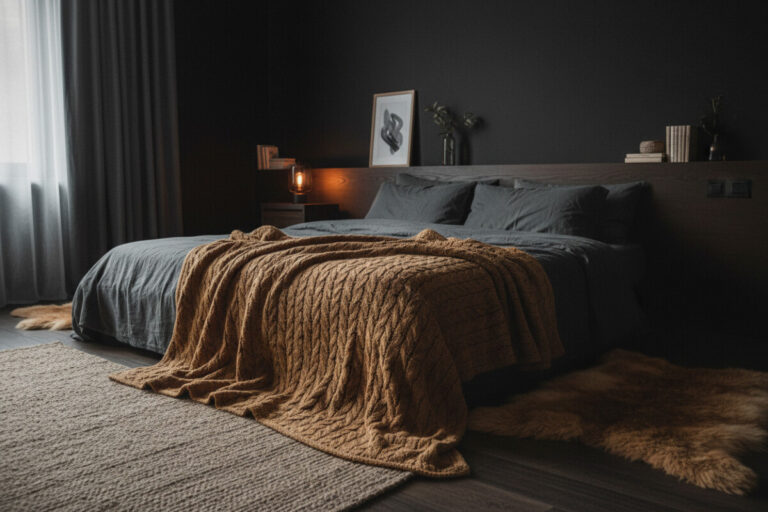 Matte charcoal room with wrinkled slate linen, chunky camel knit throw, layered rugs, and soft bedside lamp—Textured Calm offering a cozy take on dark bedroom design.