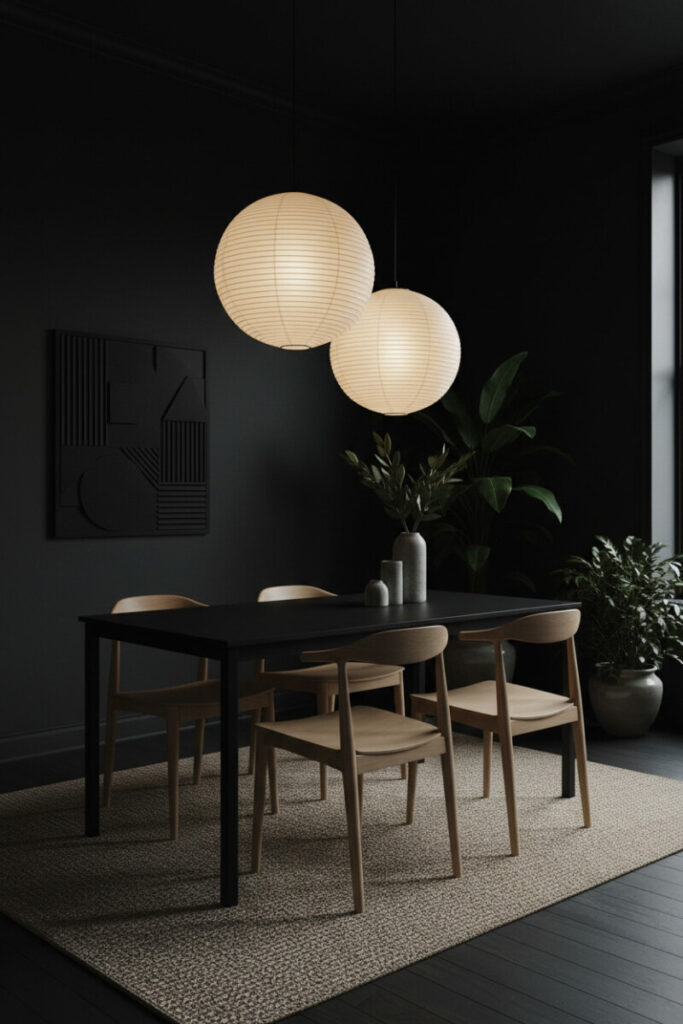 Japandi black table, pale bentwood chairs, and oversized paper lanterns—paint colors for moody dining rooms with natural light in serene minimalism.