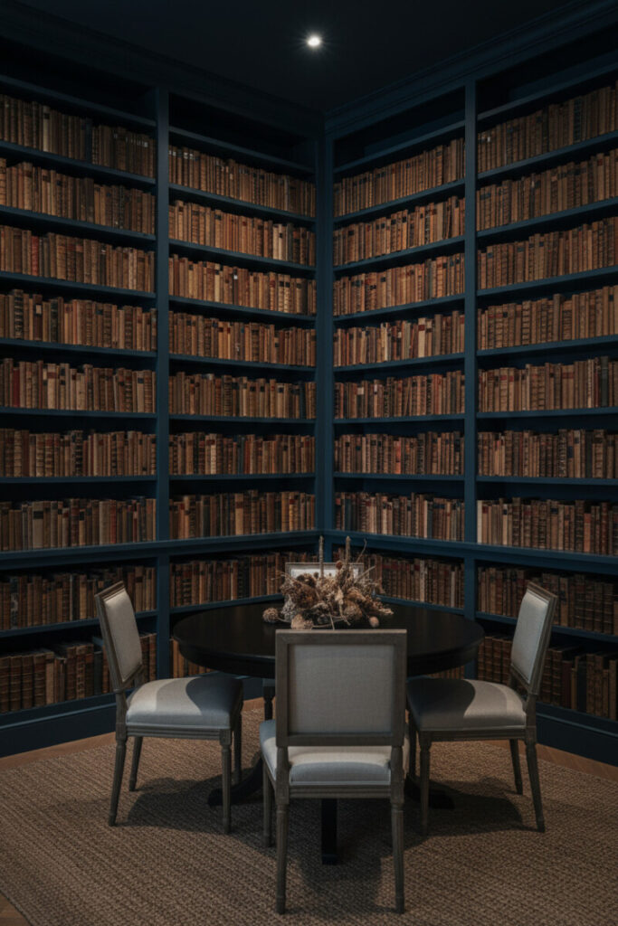 Corner library with navy bookcases, antique spines, and a round dining table—dark interior dining ideas for literary elegance.