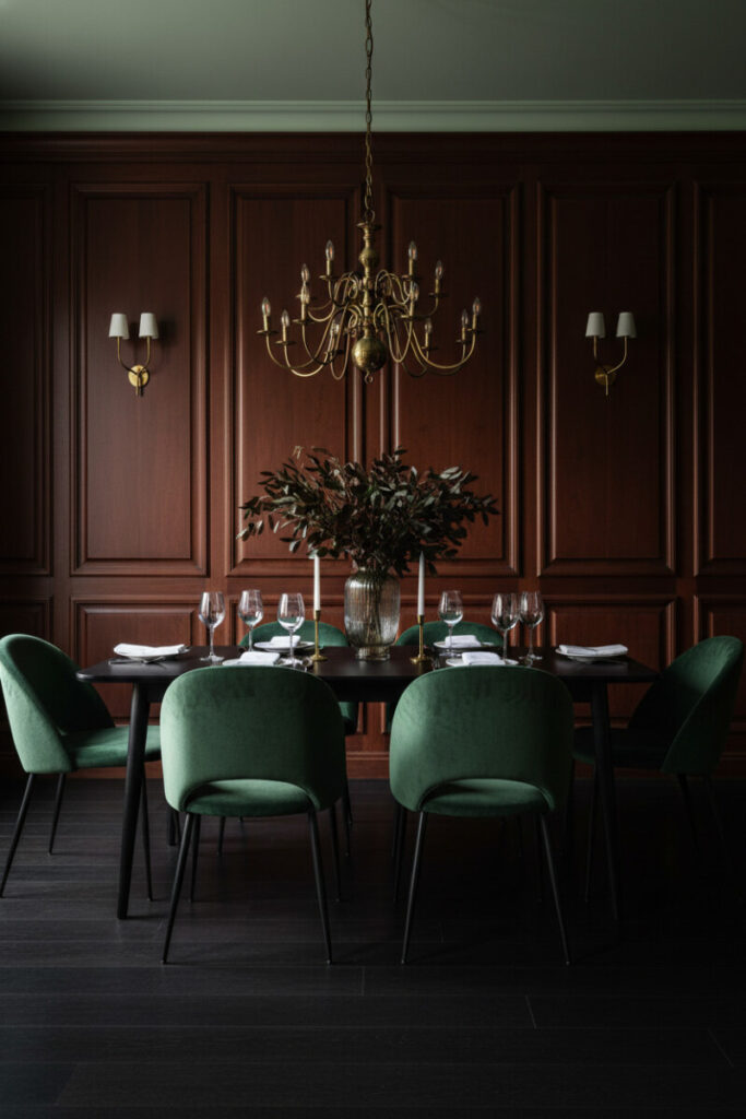 Glossy mahogany paneling with emerald velvet chairs around a matte black table—classic Moody Dining Room Designs.