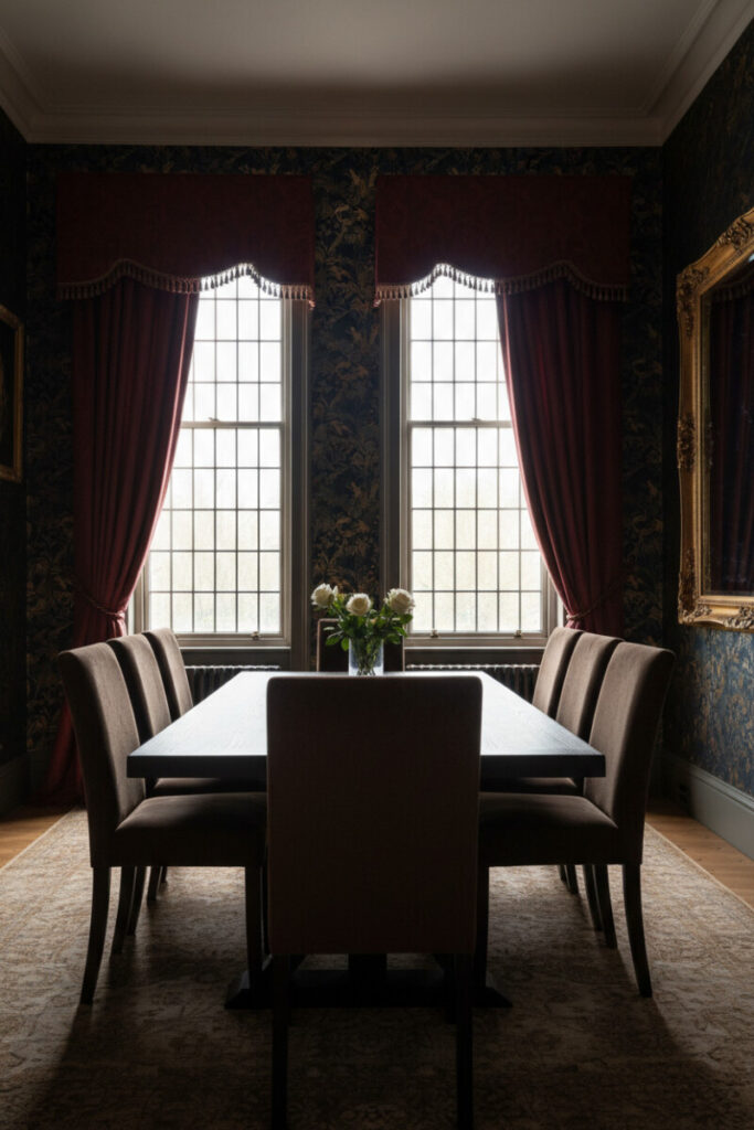 Botanical wallpaper, burgundy drapes, and dark velvet seating—dark interior dining ideas with maximalist vintage flair.