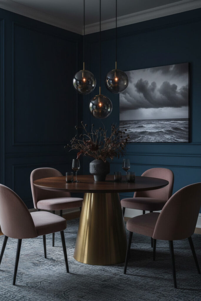 Midnight teal walls, brass-base round table, and smoky orb pendants—paint colors for moody dining rooms with natural light in a modern calm.