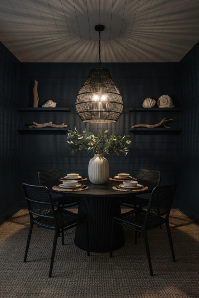 Navy shiplap, black rattan chandelier, and woven textures—Moody Dining Room Designs in a coastal noir palette.