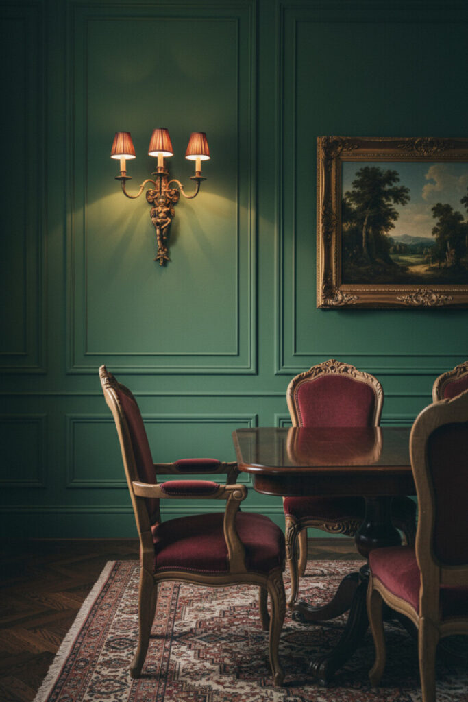 Verdigris walls with gilded art and burgundy velvet chairs—paint colors for moody dining rooms with natural light enhancing brass sconces.