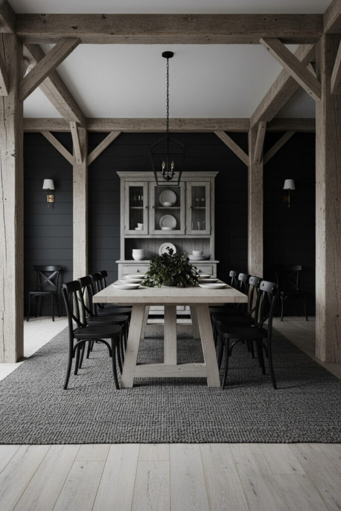 Exposed beams, bleached trestle table, and black X-back chairs—how to style a moody dining room on a budget with rustic timber mood.