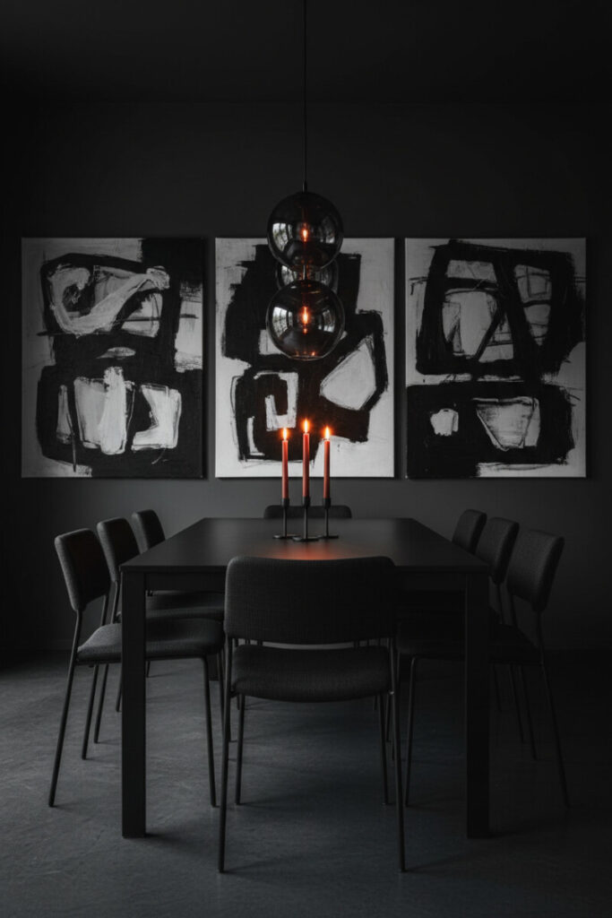 Rectilinear black table, smoked-glass triple globe, and terracotta tapers—dark interior dining ideas in Scandi Noir minimalism.