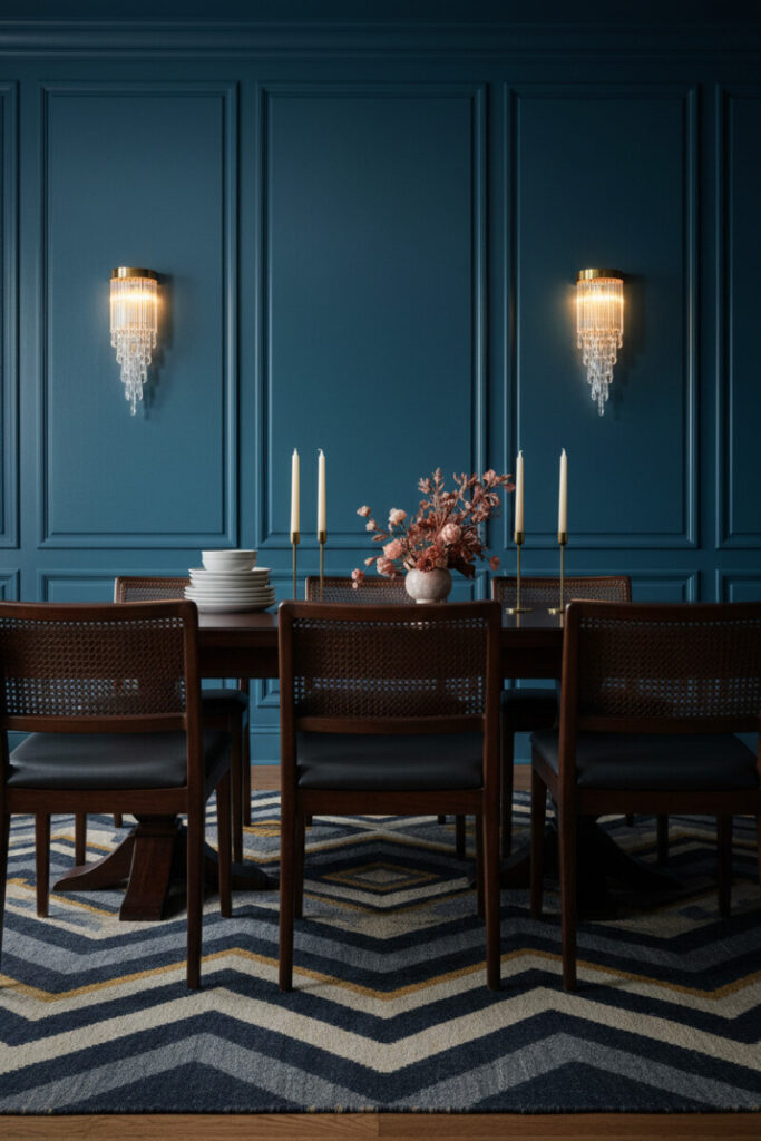 Glossy teal paneling with brass waterfall sconces and cane-back chairs—Moody Dining Room Designs featuring dramatic dining room lighting.