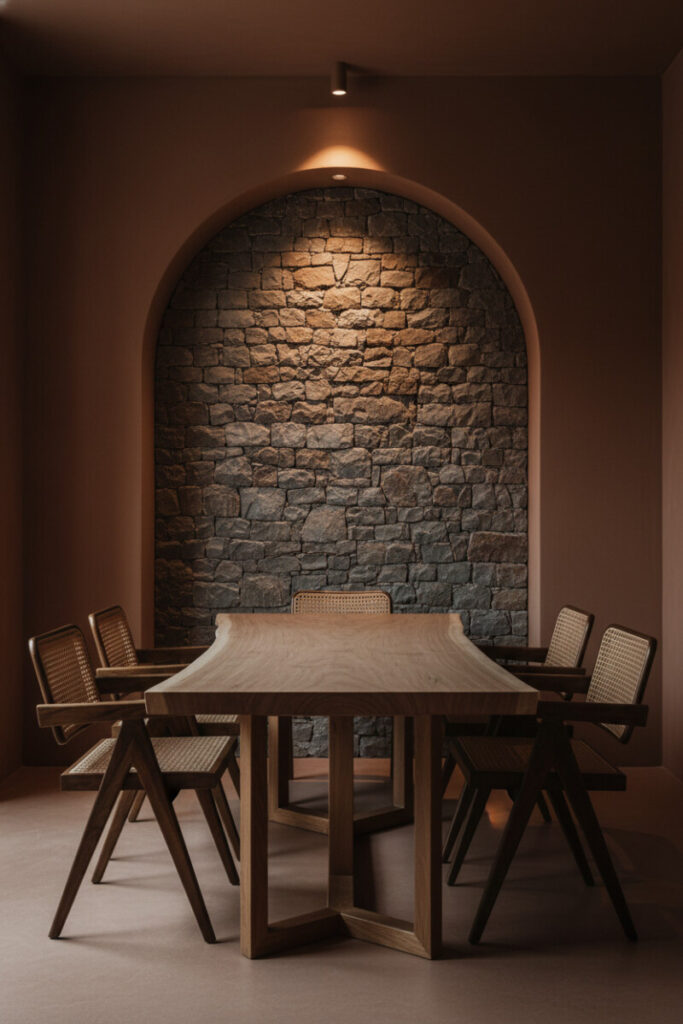 Live-edge table before a terracotta stone-filled arch—how to style a moody dining room on a budget with earthy textures.