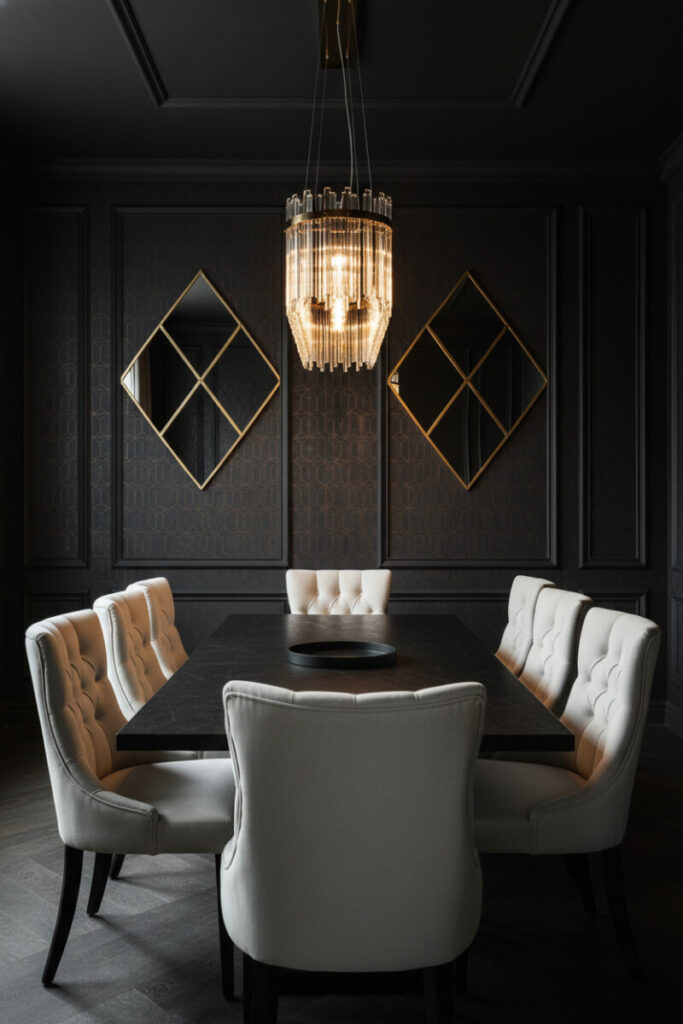 Cream tufted chairs, matte black stone table, and glass-rod chandelier—dramatic dining room lighting in a Gold Art Deco scheme.