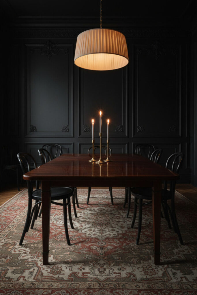 Brass tapers on a mahogany table beneath a pleated chandelier—dark interior dining ideas with vintage Persian rug.