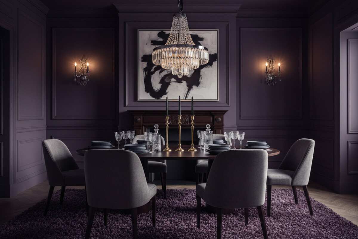 Aubergine walls, crystal chandelier, velvet chairs, and brass candelabras—Moody Dining Room Designs in a jewel-box palette.