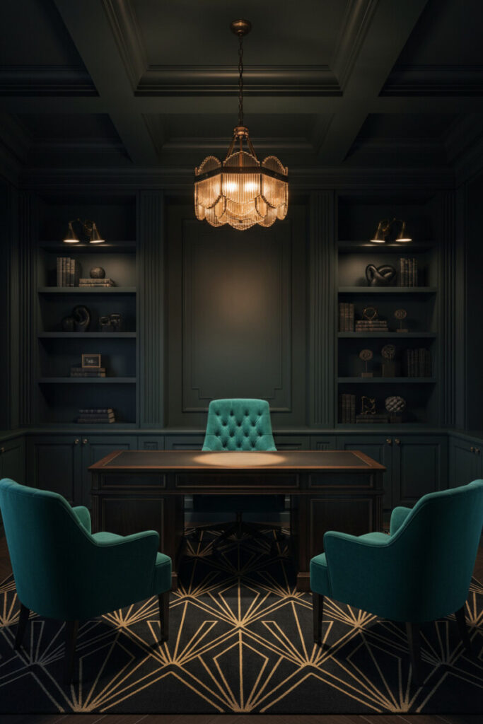 Art Deco-inspired Moody Home Office Design featuring emerald velvet chairs, a dark geometric rug, and brass Art Deco chandelier creating luxurious moody interior design drama.