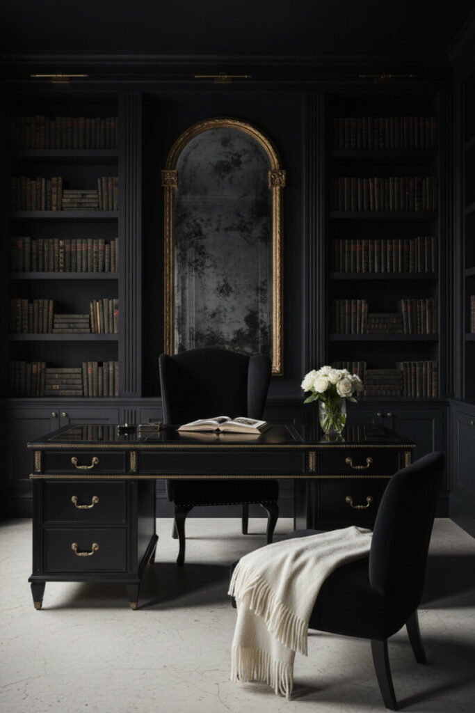 Black Parisian office with lacquered desk, antique brass mirror, and velvet seating showing classic how to light a moody home office principles.