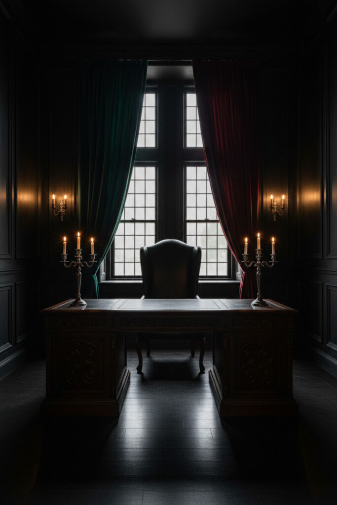 Gothic-inspired dark study with carved mahogany desk, velvet drapes, and candlelight evoking rich Moody Home Office Designs.