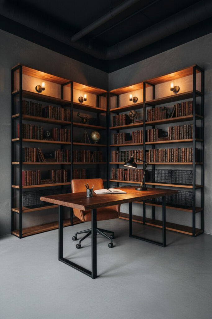 Industrial office with live-edge wood desk, exposed shelving, and Edison lights highlighting tactile dark home office ideas.