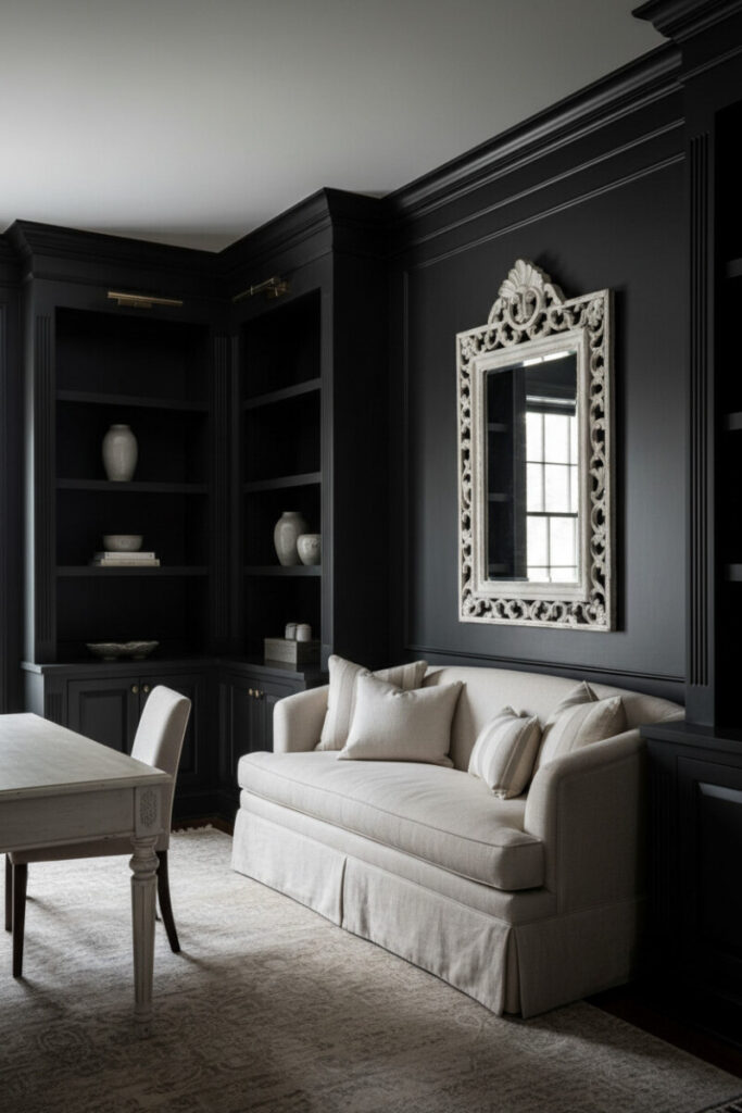 Black-and-ivory workspace with antique writing desk, Baroque mirror, and neutral textiles offering timeless moody interior design.